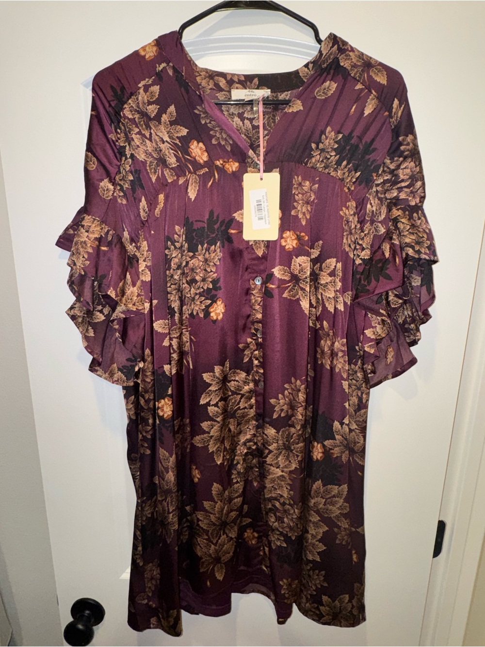 entro Plum Floral V-Neck Ruffle Sleeve Dress
